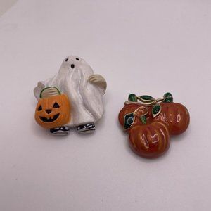 Lot Of 2 Brooch Pins Autumn / Halloween - S. Lehman Ghost Trick Or Treater